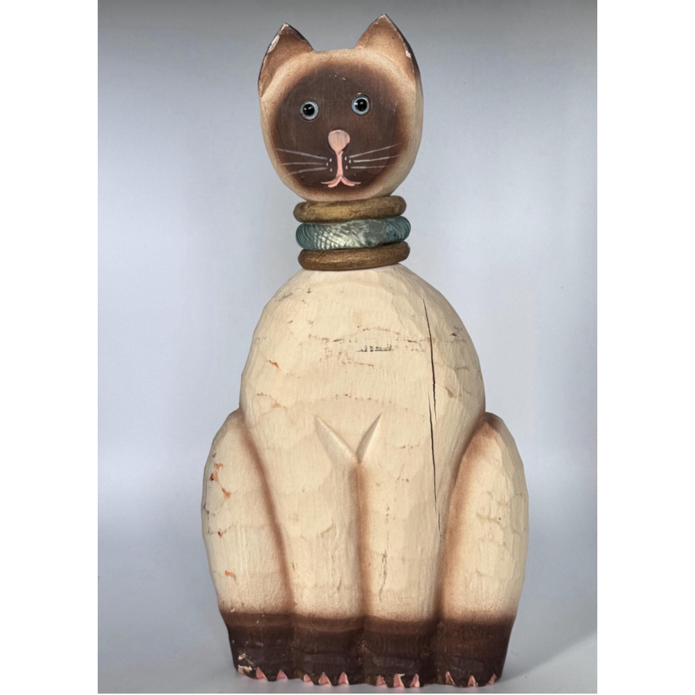 Vintage Handcarved Cat Statue w/ Glass Collar – James Haddon – 12” Tall